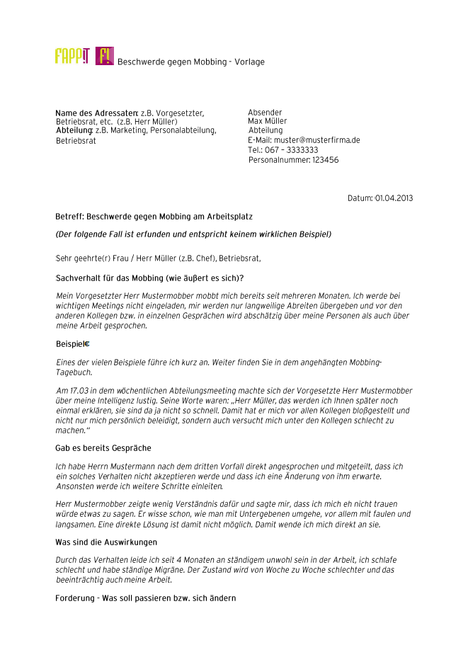 Vorlage Mobbing Beschwerde